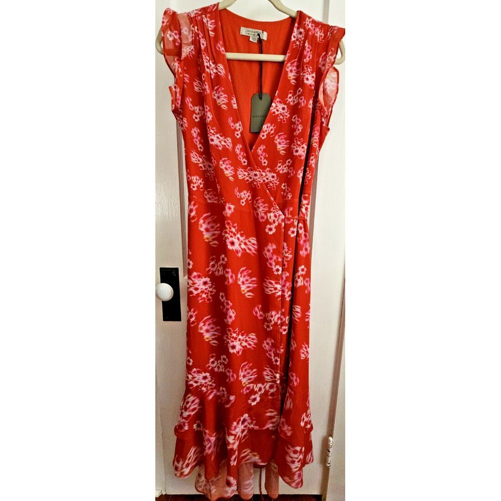 NWT All Saints Red Floral Summer Maxi Chiffon Wrap Dress Ruffle cap sleeves Sz 8